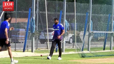 Intense focus of Jasprit Bumrah during net practice.
