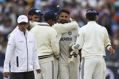 Akash Deep celebrated victory with teammates against England at Edgbaston.